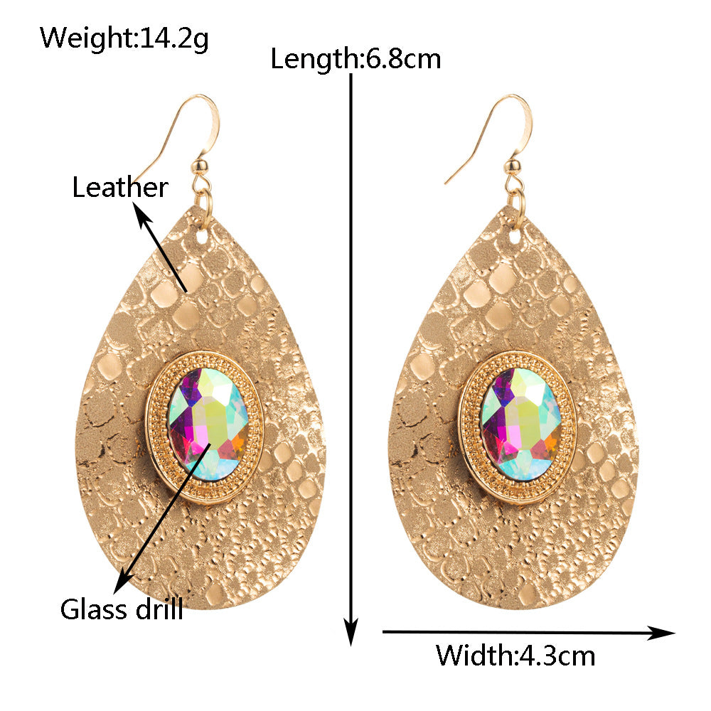 Cross-border European and American hot selling pearlescent piece leather earrings personality delicate diamond set ethnic style ear jewelry Amazon hot sale