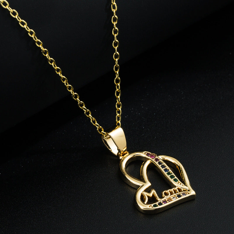 European and American cross-border fashion copper gold-plated micro-inlaid zircon simple heart pendant necklace Mother's Day MOM necklace accessories