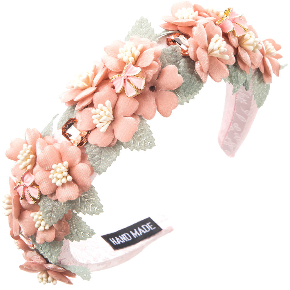 Korean printed fabric, fashionable artificial flower headband, sweet and fresh, diamond-studded, high-quality outing, elegant hair accessories