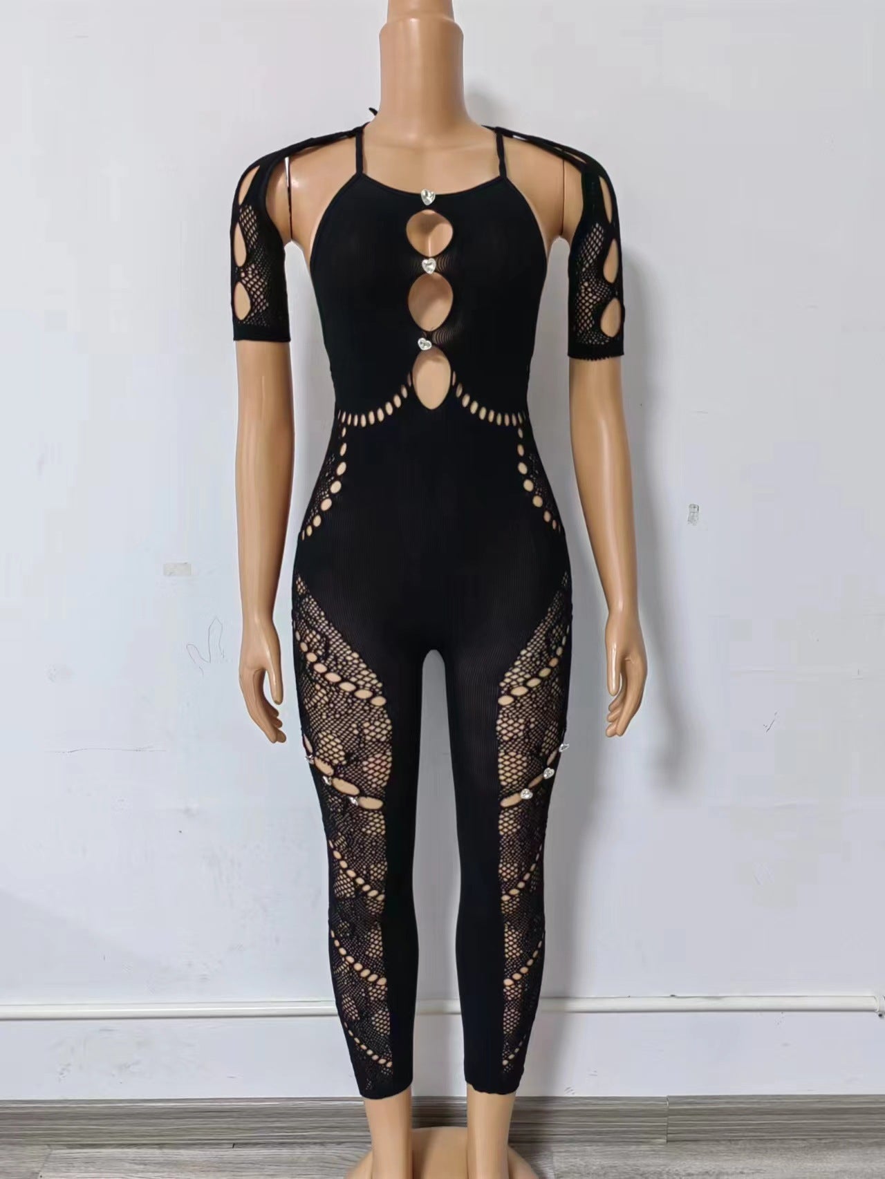 Yue Die, Europe and the United States, new solid color halterneck sleeves, hollow and diamond, sexy slim high-rise lace jumpsuit, YDT026