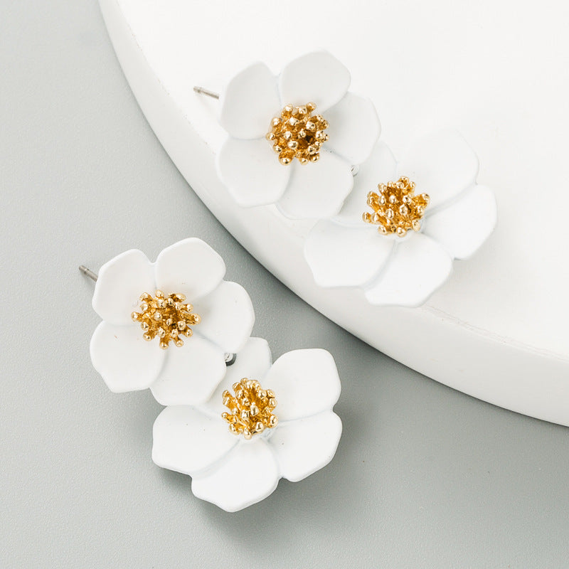 Korean fashion small fresh sweet temperament multi-layer flower earrings women's alloy lacquer simple popular silver needle earrings