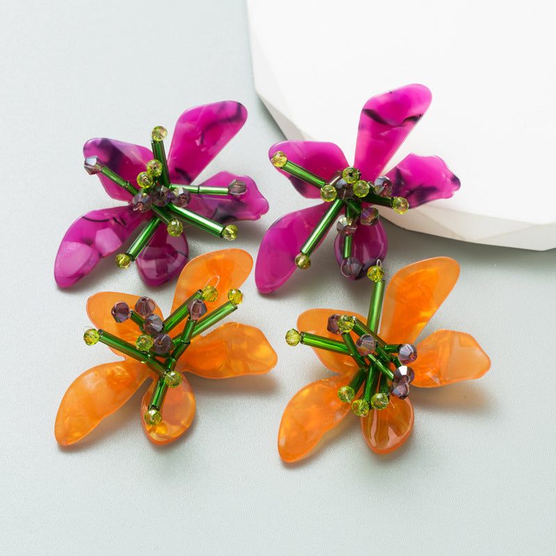 ZA fresh color acrylic flower earrings European and American exaggerated hand-woven petal earrings cross-border exaggerated studs