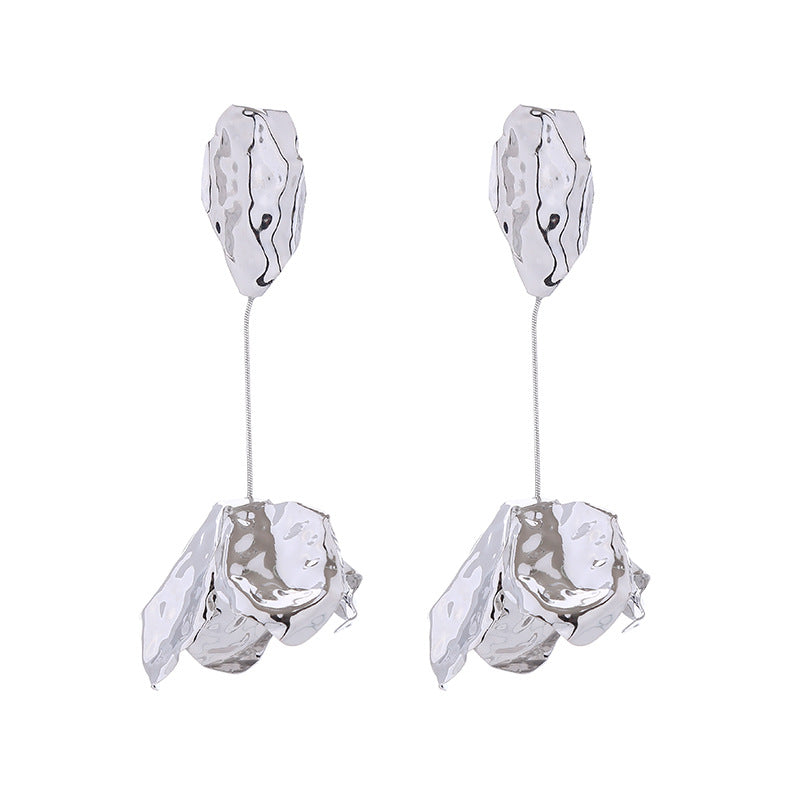 Personality exaggerated long metallic flower leaf earrings European and American hot selling alloy electroplating embossed texture earrings female