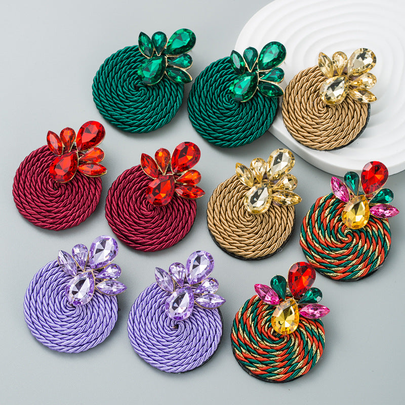 European and American fashion trends exaggerated earrings alloy color rhinestone polyester stretch thread woven round earrings wholesale