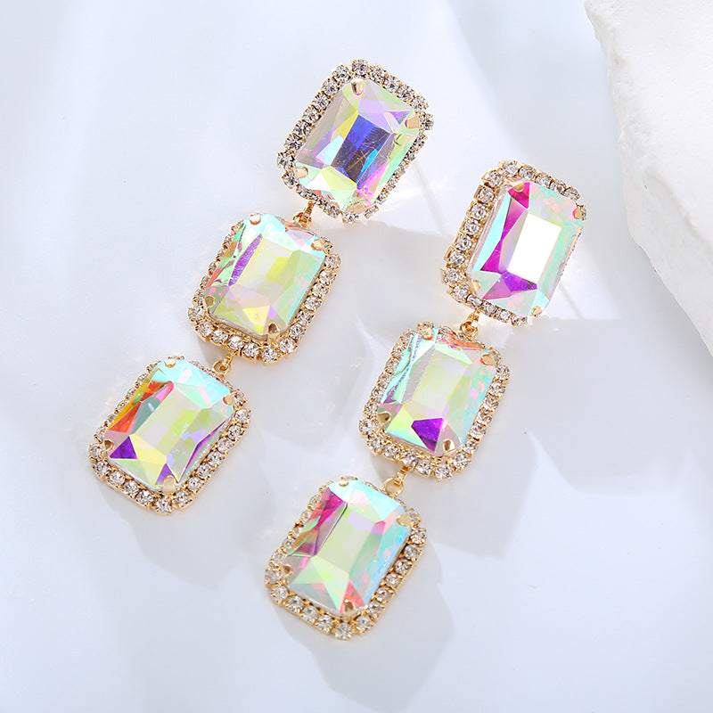 European and American fashion jewelry, square diamonds, zircon, gemstones, colored gemstones, studs, rectangular crystal earrings, earrings, high-end wholesale