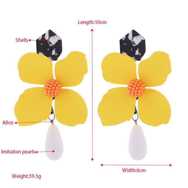 New Exaggerated Long Multi Layer Flower Earrings Alloy Lacquer Teardrop Shaped Pearl Earrings Wholesale Earrings