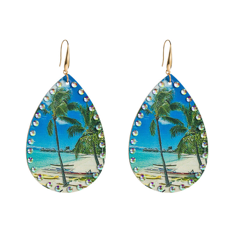 European and American new summer leather coconut tree print earrings tropical rainforest diagram beach feng shui drop-shaped exaggerated earrings