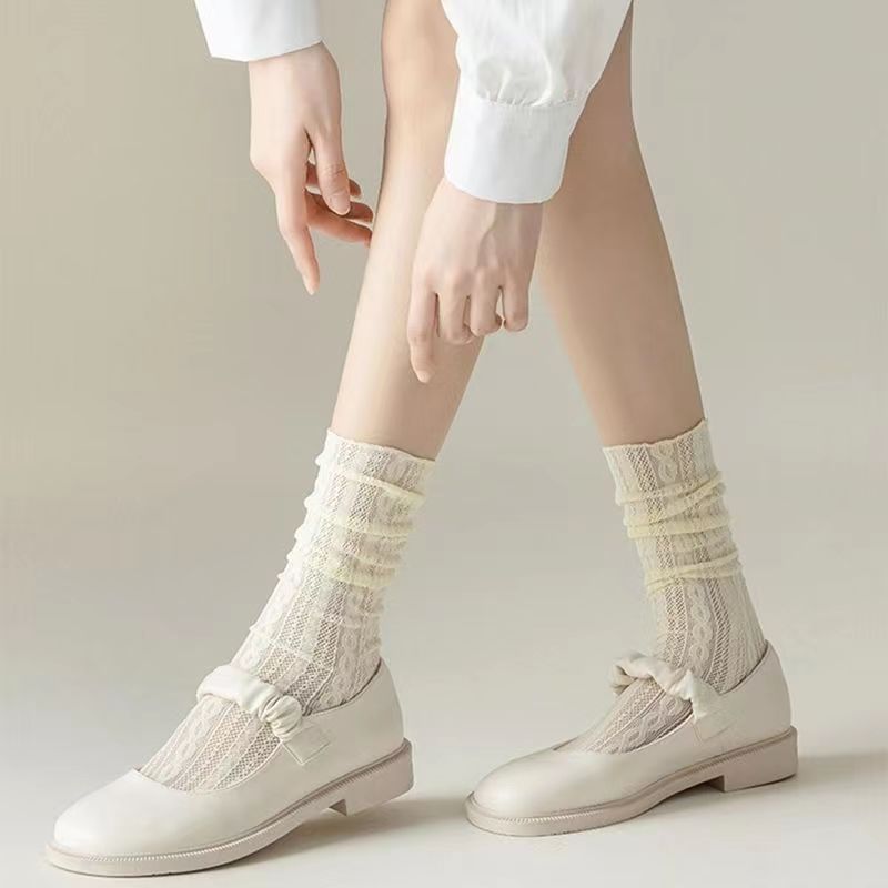 Pure desire JK stripe white short mid calf twist mesh socks soft girl student wild model 7085