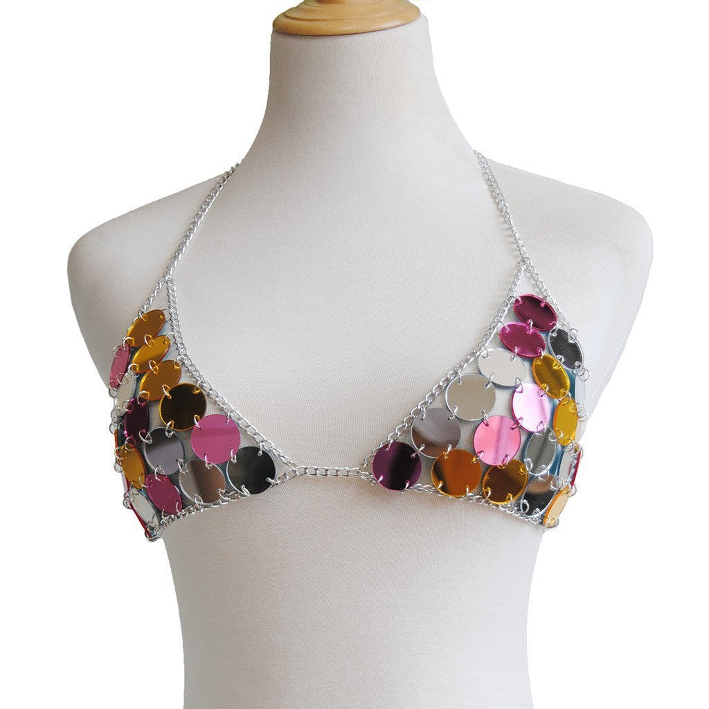 New European and American cross-border personality exaggerated sexy chest chain bikinia acrylic colorful sequin jewelry body chain