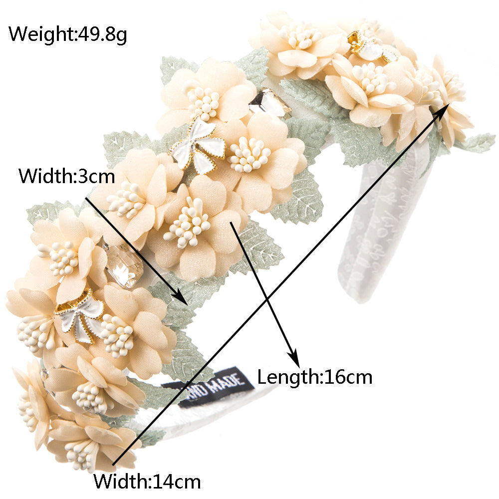 Korean printed fabric, fashionable artificial flower headband, sweet and fresh, diamond-studded, high-quality outing, elegant hair accessories