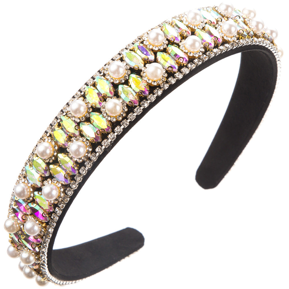 European and American new retro light luxury high-end headbands, women's wide-edged diamond-studded pearl temperament headbands, versatile banquet hair accessories