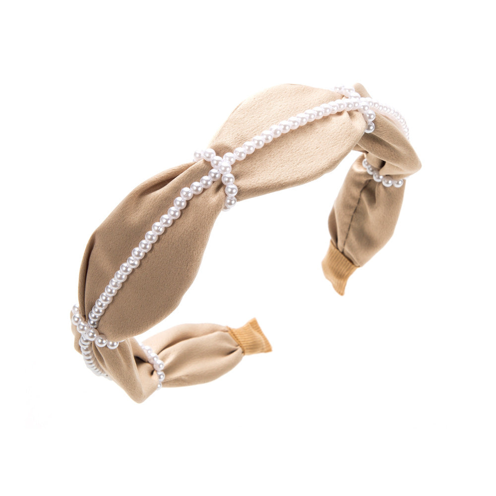 Korean-style pleated wide-brimmed fabric headband, temperament, pearl high-end, foreign-style solid color headband, French-style face-showing small hair ornament