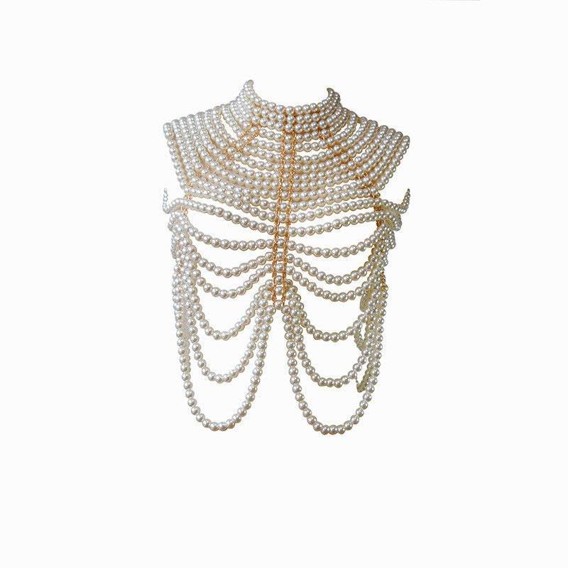 2024 European and American cross-border new summer multi-layer pearl necklace chest trim sweater chain double-layer shoulder chain pearl body chain