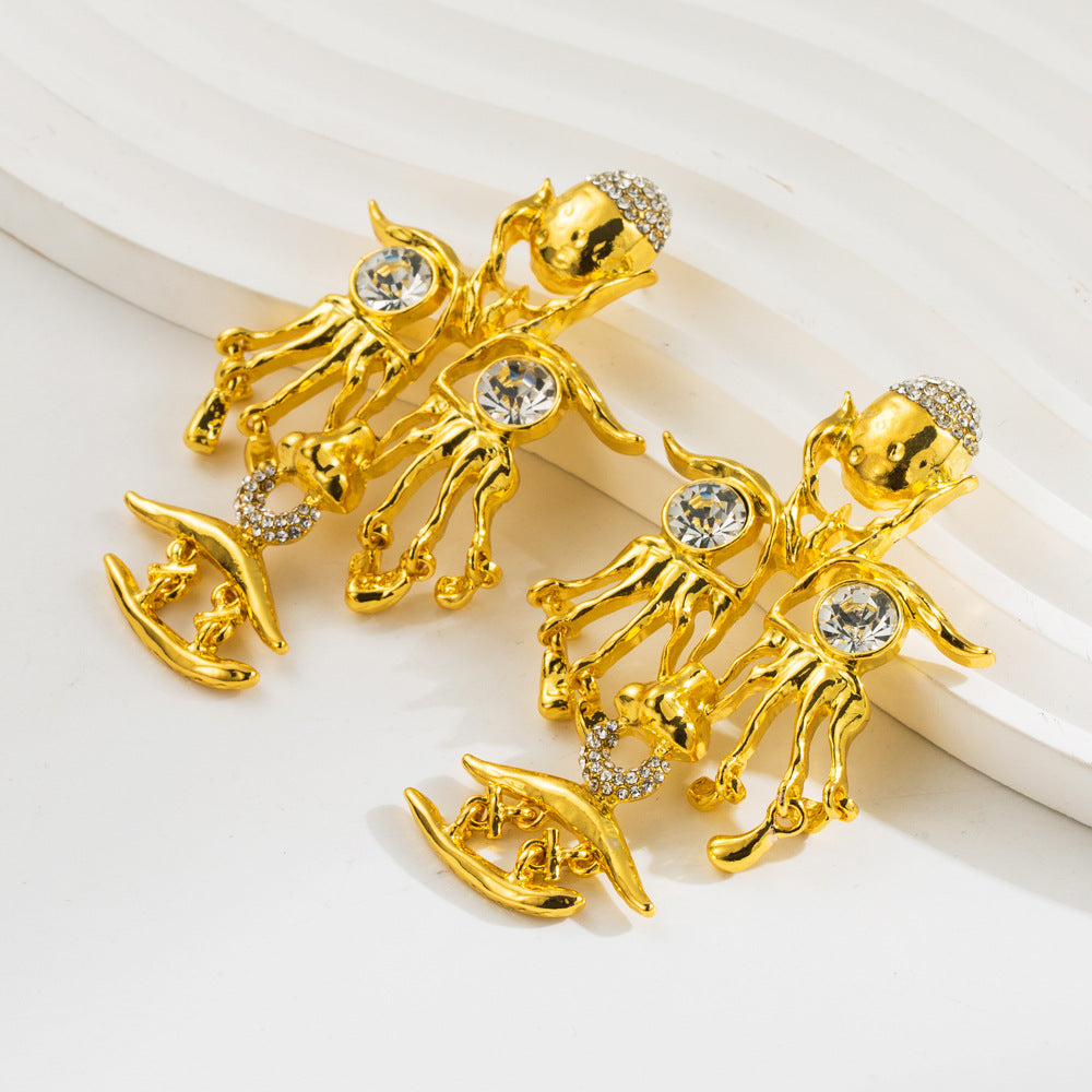 Retro pre-owned temperament sense of luxury devil's eye silver needle earrings alloy inlaid diamonds exaggerated creative ear jewelry wholesale