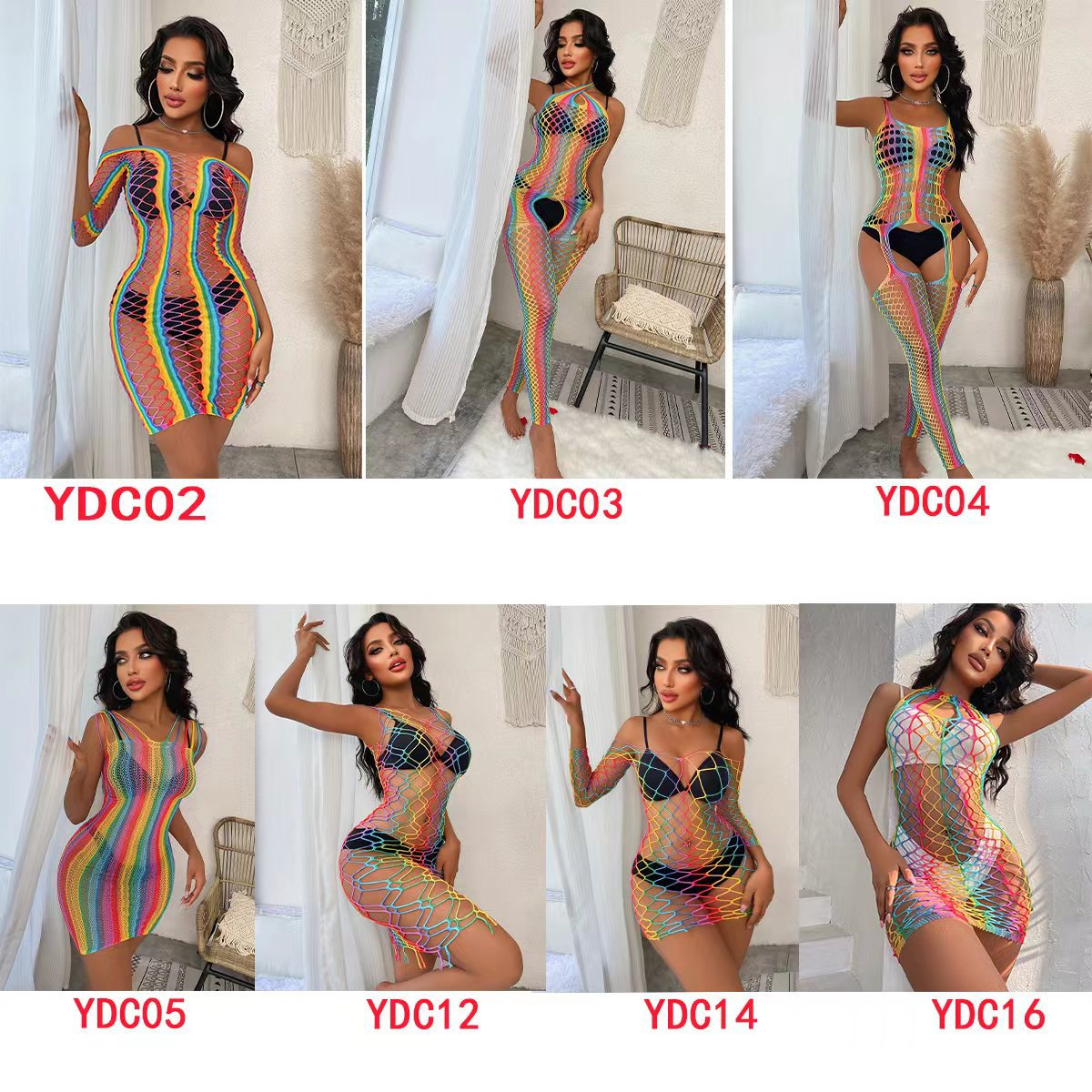 Yuedie's new cross-border hot high-elastic see-through outfit hollow fishing net sexy color stripe series erotic net combination