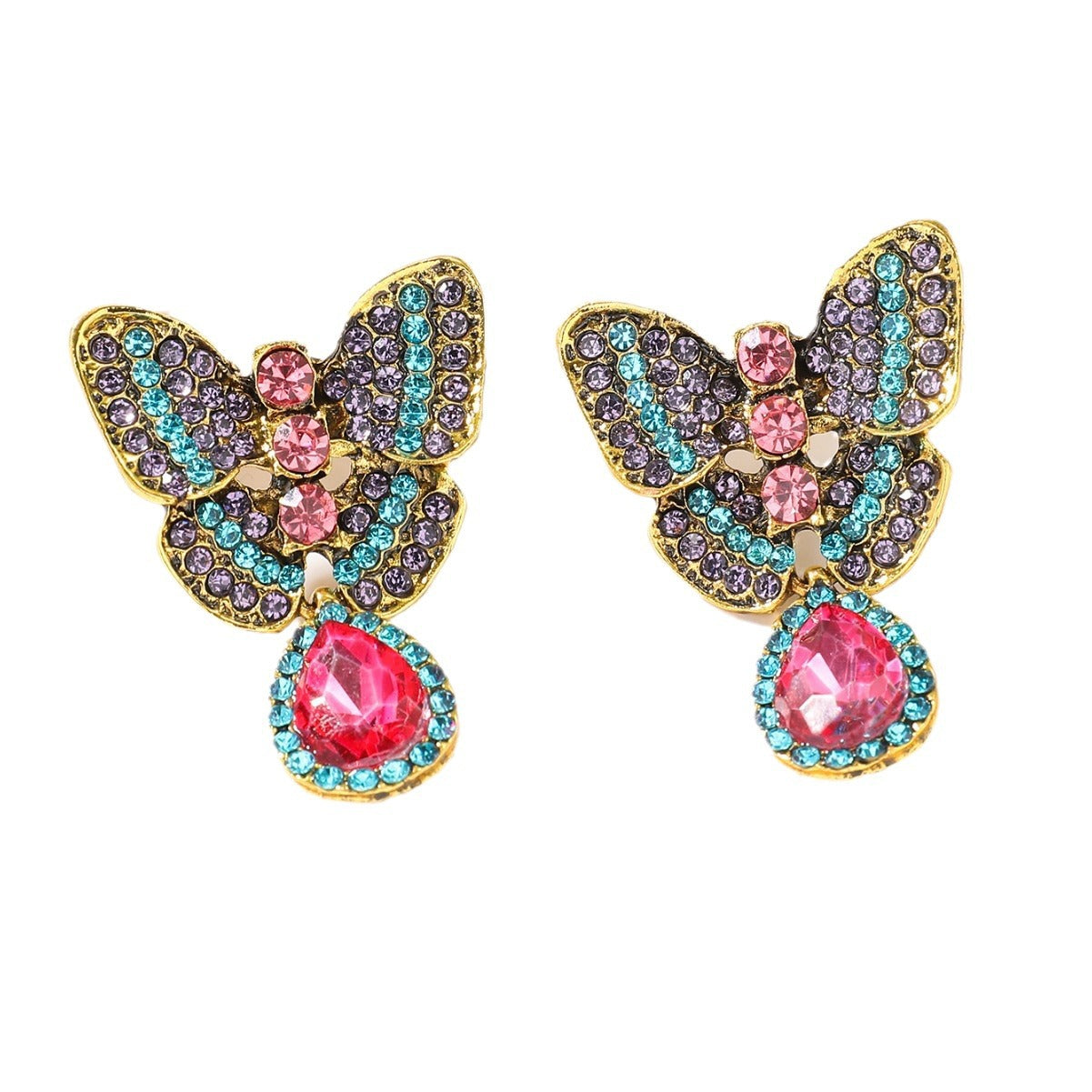 The new Han Fan fashion temperament colored diamond butterfly earrings literary retro palace style high-end earrings