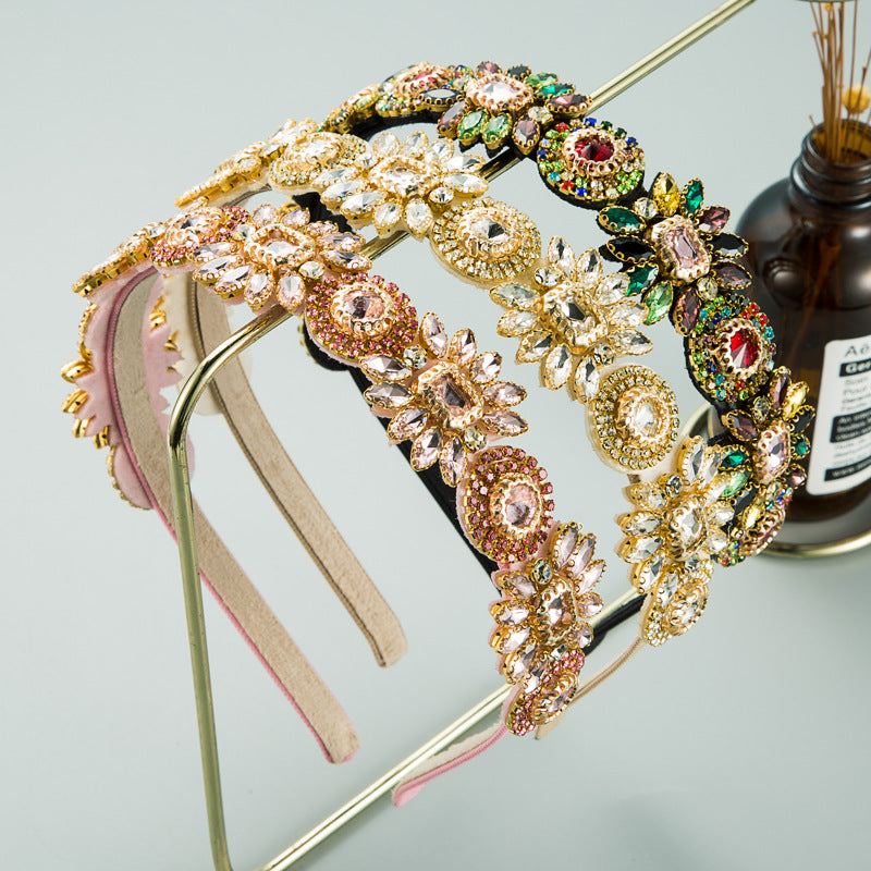 Cross-border, European, American, and new seasonal new personality exaggerated fabric headbands, inlaid with glass diamonds, flower headbands, Korean thin-edged hair accessories