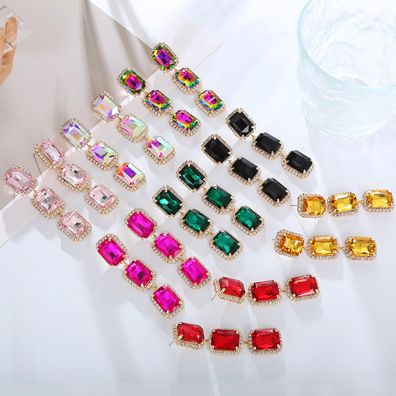 European and American fashion jewelry, square diamonds, zircon, gemstones, colored gemstones, studs, rectangular crystal earrings, earrings, high-end wholesale