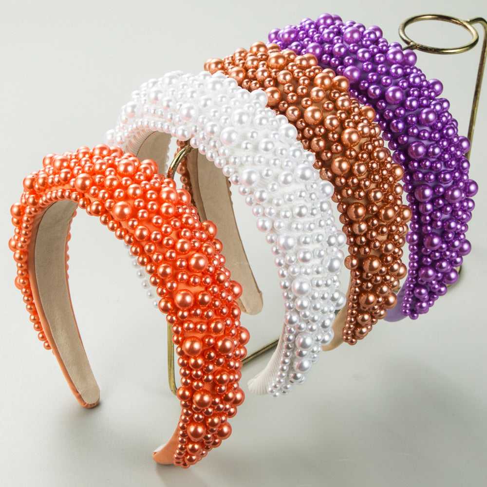 European and American fashion versatile color plastic pearl headbands women's light luxury autumn and winter sponge fabric high skull headband wholesale