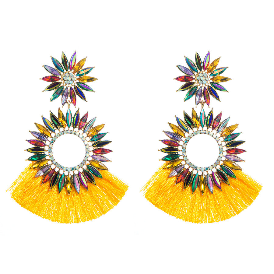 European and American style fashion exaggerated earrings, round sunflowers, diamonds, tassel earrings, high-end bohemian style earrings