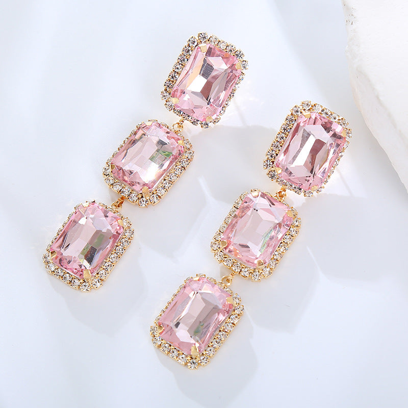 European and American fashion jewelry, square diamonds, zircon, gemstones, colored gemstones, studs, rectangular crystal earrings, earrings, high-end wholesale