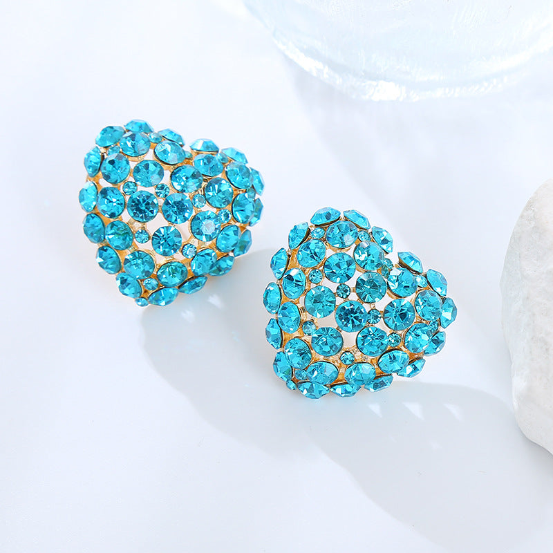 European and American fashion super flash heart-shaped versatile earrings exaggerated earrings female rhinestone full of diamonds peach heart stud earrings wholesale