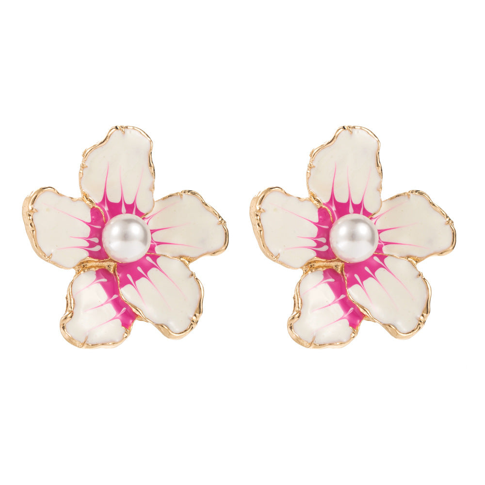 European and American new floral earrings, alloy dripping oil inlaid pearl peach blossom stud earrings, sweet temperament, high-end flower earrings