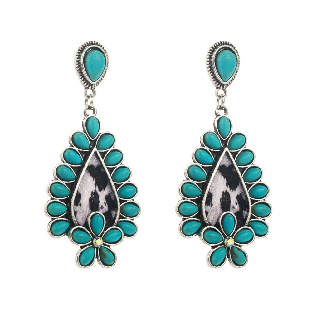 Amazon's popular trendy turquoise earrings, European and American creative leopard print leather, turquoise exaggerated niche earrings