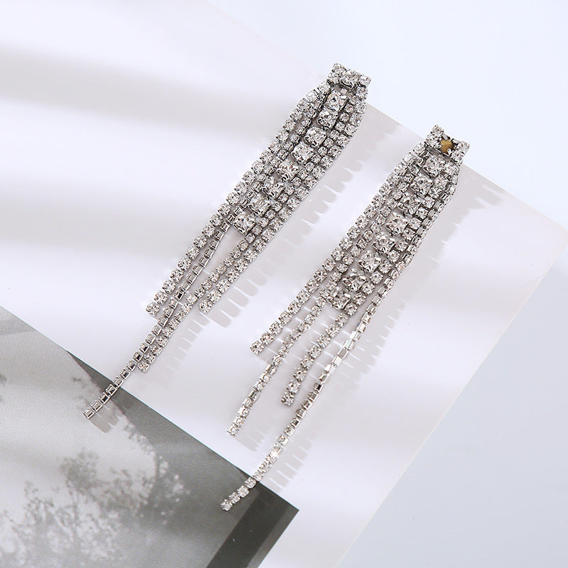 Luxury full diamond long tassel earringsKorean Internet celebrity new temperament drop earrings party high-end super flash ear jewelry