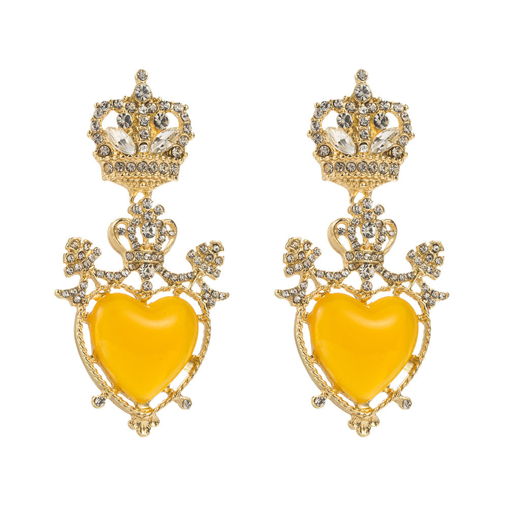 European and American vintage alloy diamond love crown earrings S925 silver needle niche earrings personality long heart-shaped earrings