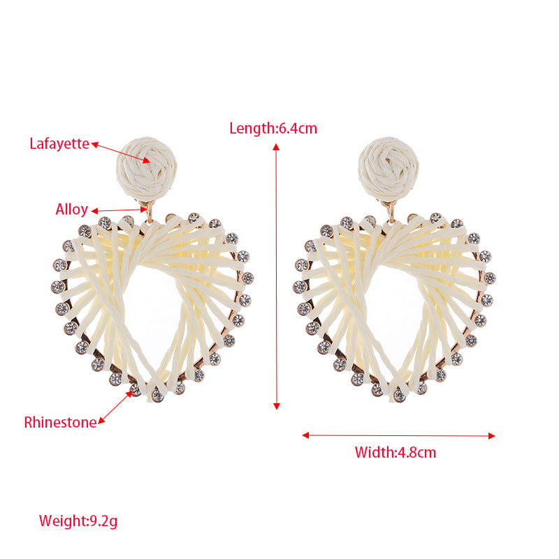 European and American new raffia braided heart-shaped S925 silver needle earrings, women's fashion versatile, atmospheric alloy inlaid diamond earrings