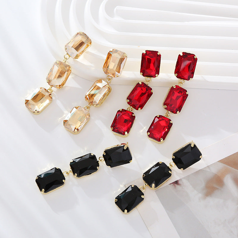 European and American fashion temperament long multi-layer square glass diamond earrings women's niche simple light luxury banquet earrings wholesale