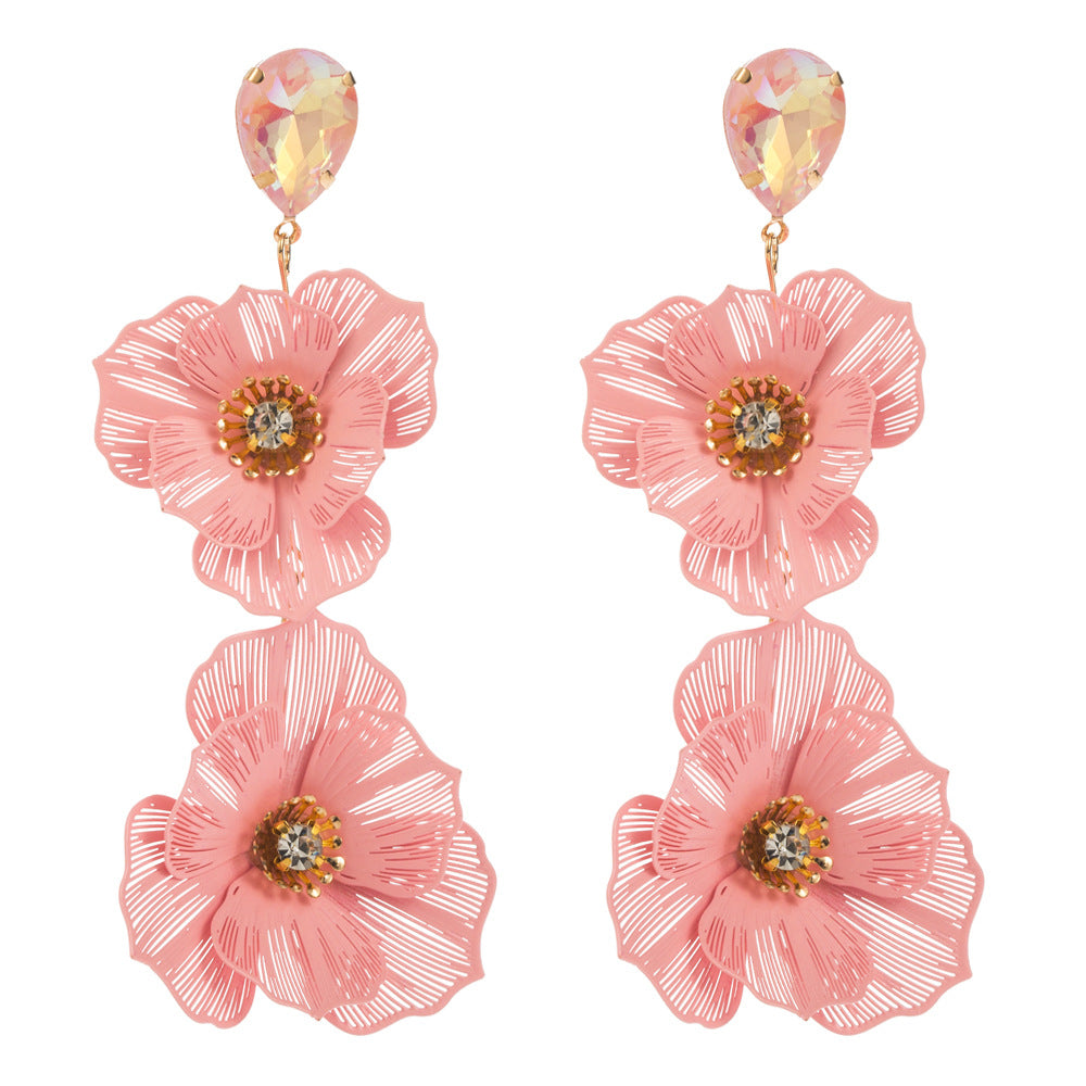 European, American and Korean sweet multi-layered flower earrings, women's diamond-encrusted light luxury, high-end earrings, temperament, long banquet earrings
