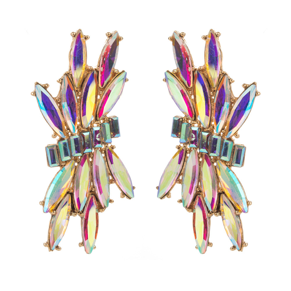 Cross-border European and American simple retro geometric earrings, women's personality, light luxury, inlaid with colored glass diamonds, high-end banquet earrings