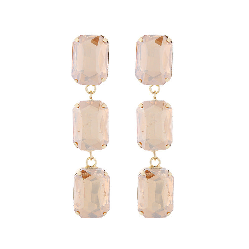 European and American fashion temperament long multi-layer square glass diamond earrings women's niche simple light luxury banquet earrings wholesale