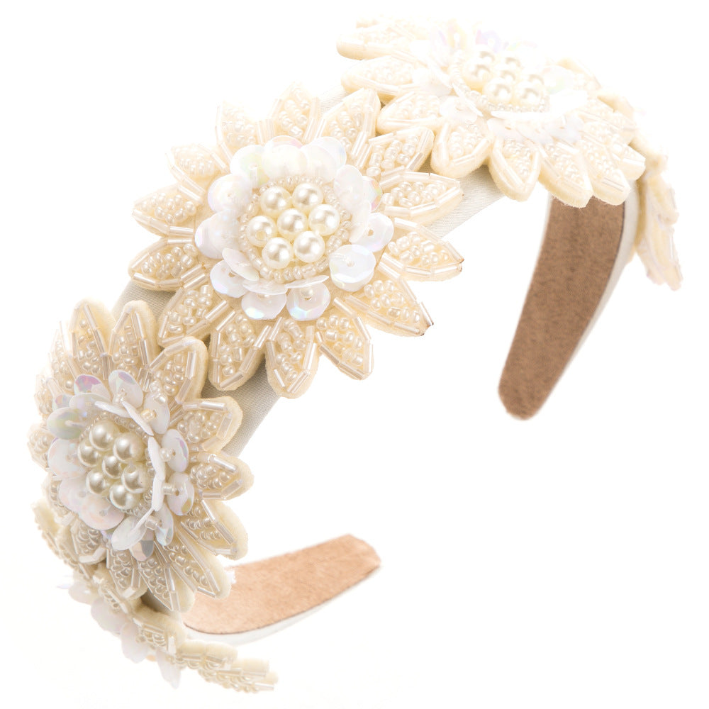 Heming headband, Korean version of Xiao Xiangfeng, hand-sewn floral headband, temperament, versatile, wide-edged, pearl-inlaid sequins hair ornament