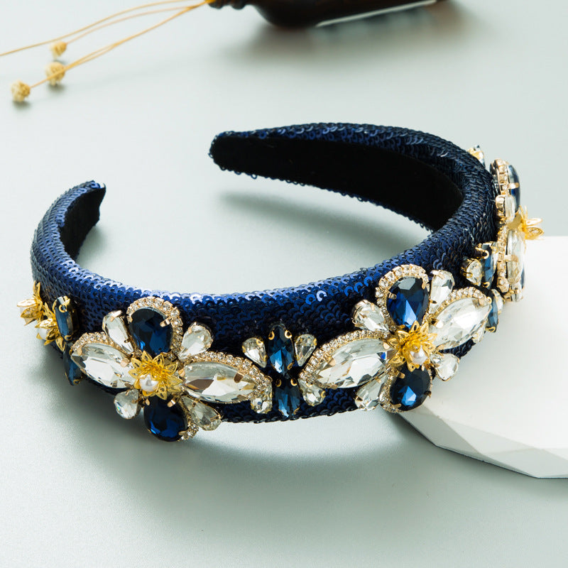 Heming headband, cross-border new baroque retro heavy craft headband, exaggerated sequins, glass diamonds, high-end headwear