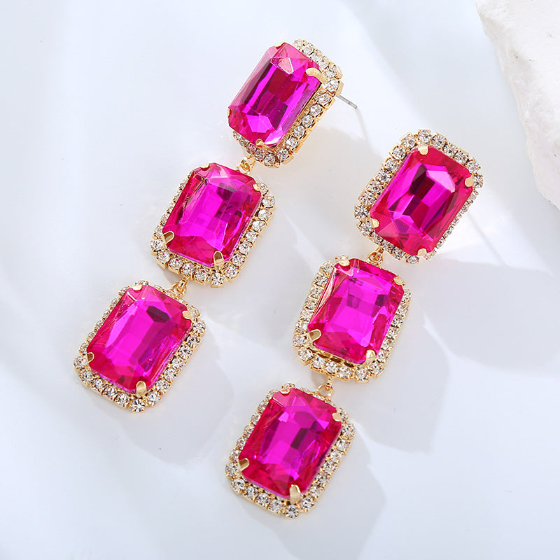 European and American fashion jewelry, square diamonds, zircon, gemstones, colored gemstones, studs, rectangular crystal earrings, earrings, high-end wholesale