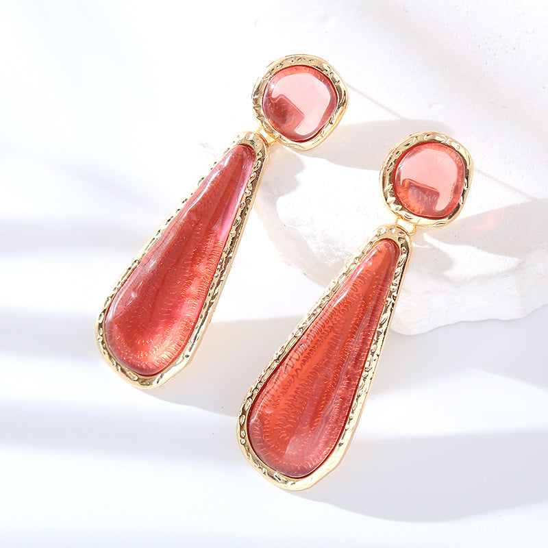 ZA personality retro earrings, long color pear-shaped resin earrings, European and American fashion, light luxury, geometric studs