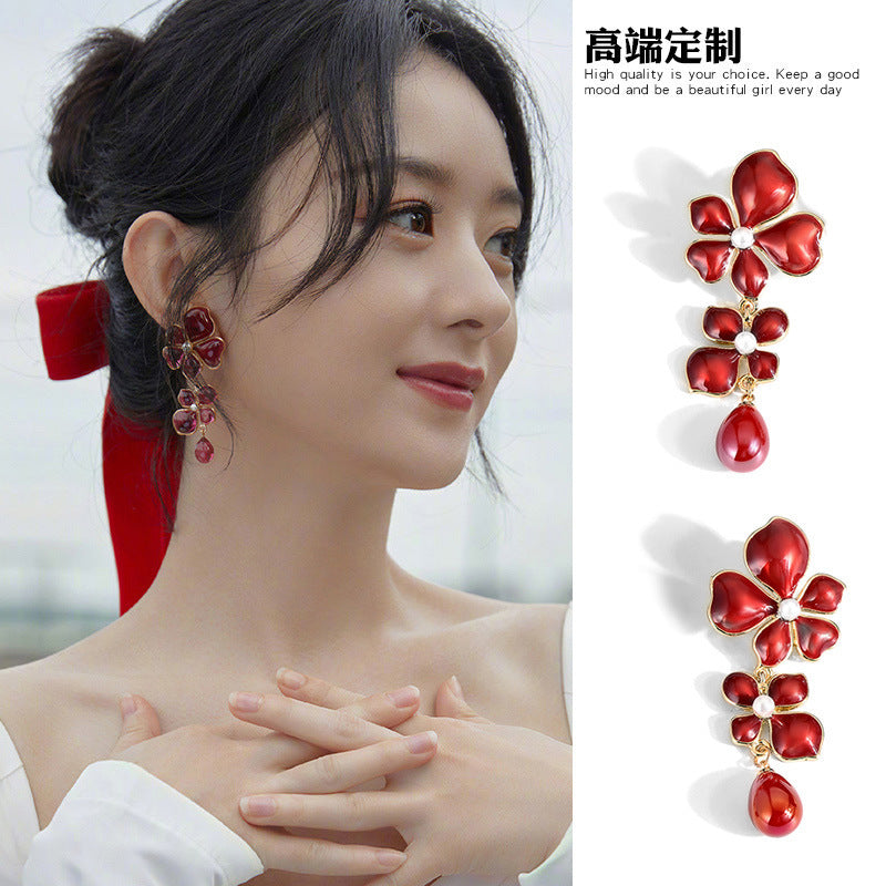 Fashion Lady Dripping Oil Flower Drop Earrings S925 Silver Needle Personality Light Luxury Light Luxury Niche Design Earrings Star Same Style