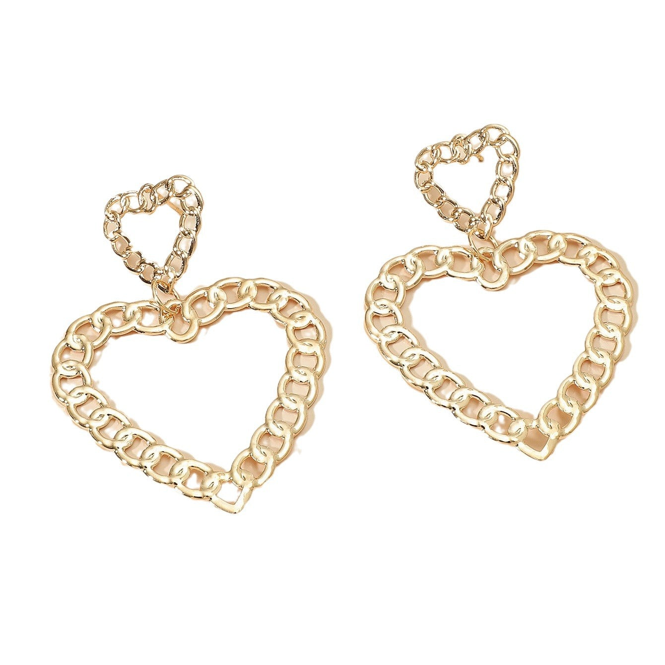 New jewelry: geometric hollow heart-shaped chain big earrings, women's sense of luxury, cold style, European and American exaggerated earrings