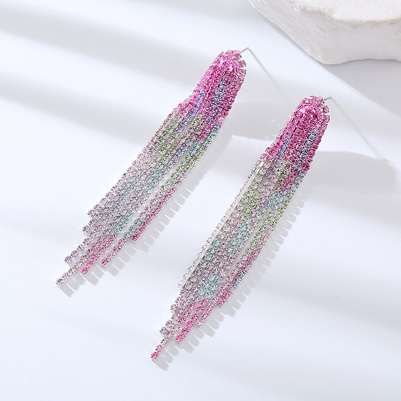 Korean version exaggerated light luxury style earrings long gradient color diamond tassel earrings female cold wind claw chain stud earrings wholesale