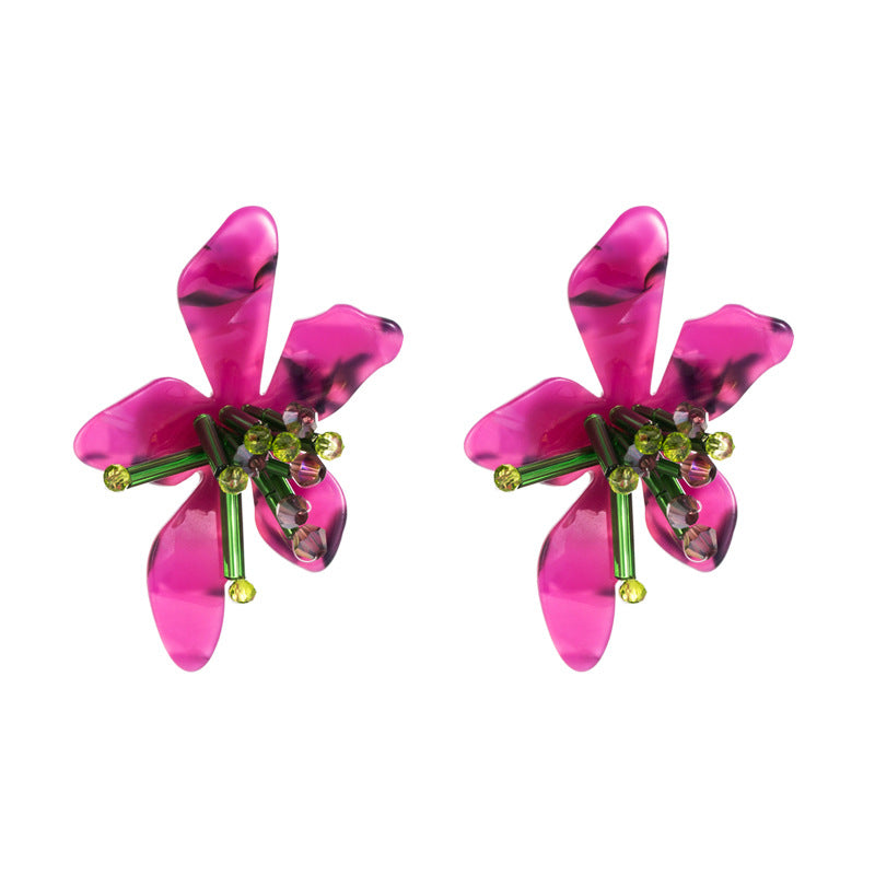 ZA fresh color acrylic flower earrings European and American exaggerated hand-woven petal earrings cross-border exaggerated studs