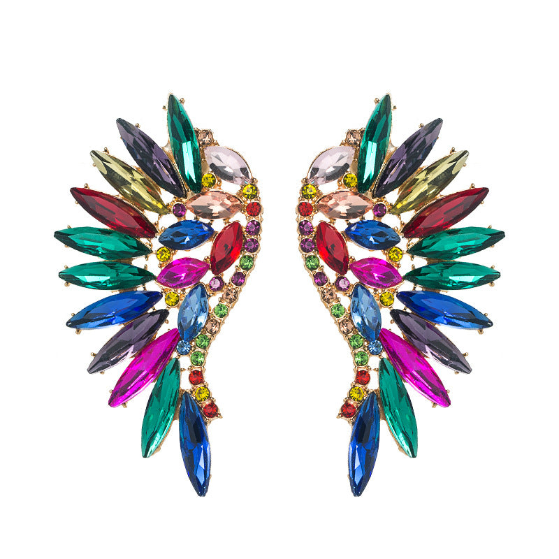 European and American heavy industry exaggerated fan-shaped bohemian style wings colored rhinestone earrings trend stud earrings cross-border supply