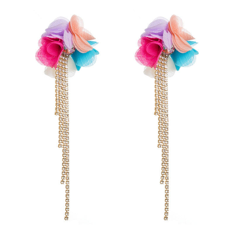 Cross-border new products, Internet celebrities, fashion, exaggerated color fabrics, flowers, tassels, earrings, European and American temperament, high-end earrings