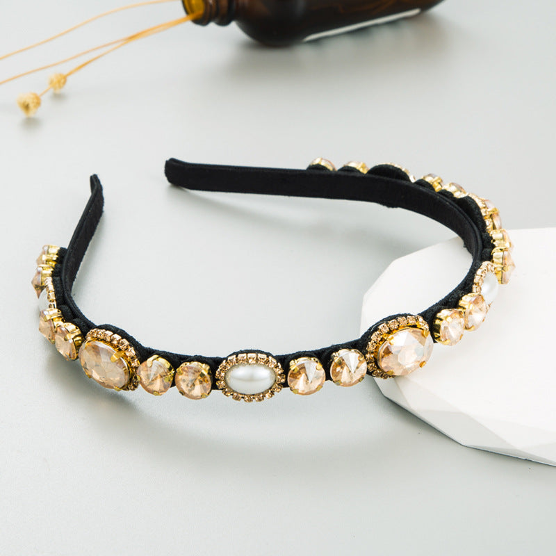 Korean New Fashion Luxury Colored Diamond Gem Headband Women's Baroque Rhinestone Pearl Thin Edge Headband Headband