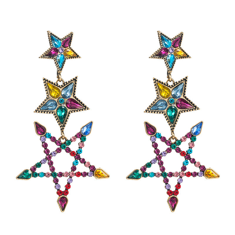 European and American fashion exaggerated alloy color rhinestone earrings, five-pointed stars, long trendy street photography party earrings, earrings