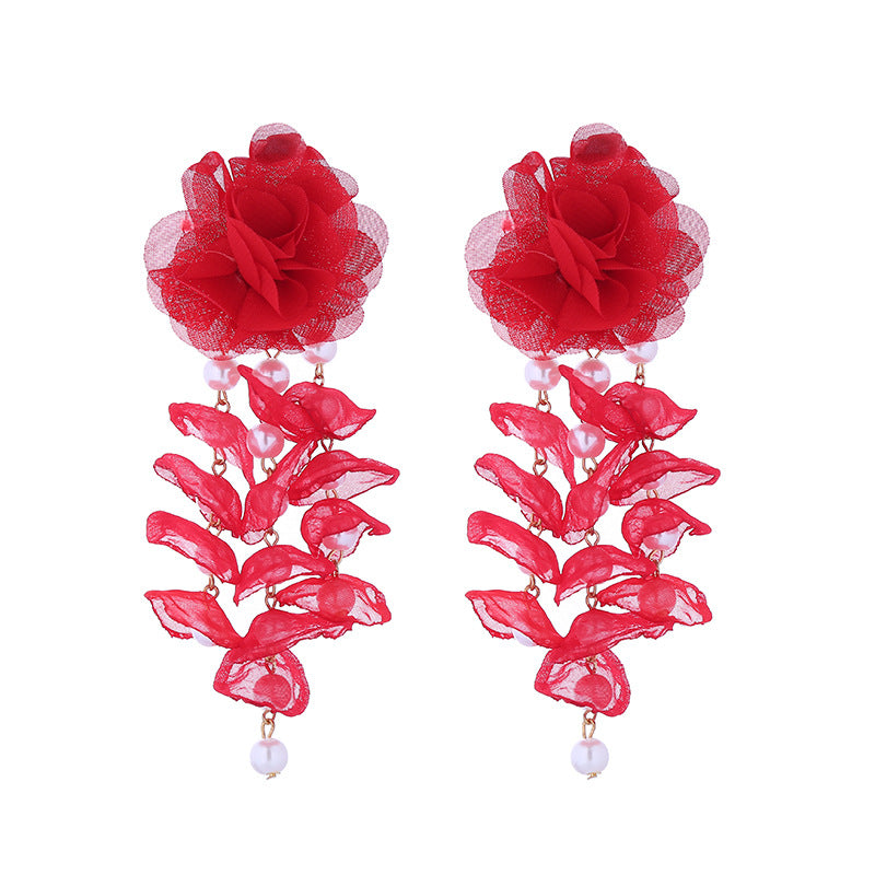 European and American new long tassel exaggerated floral earrings women's bohemian mesh inlaid pearl flower earrings