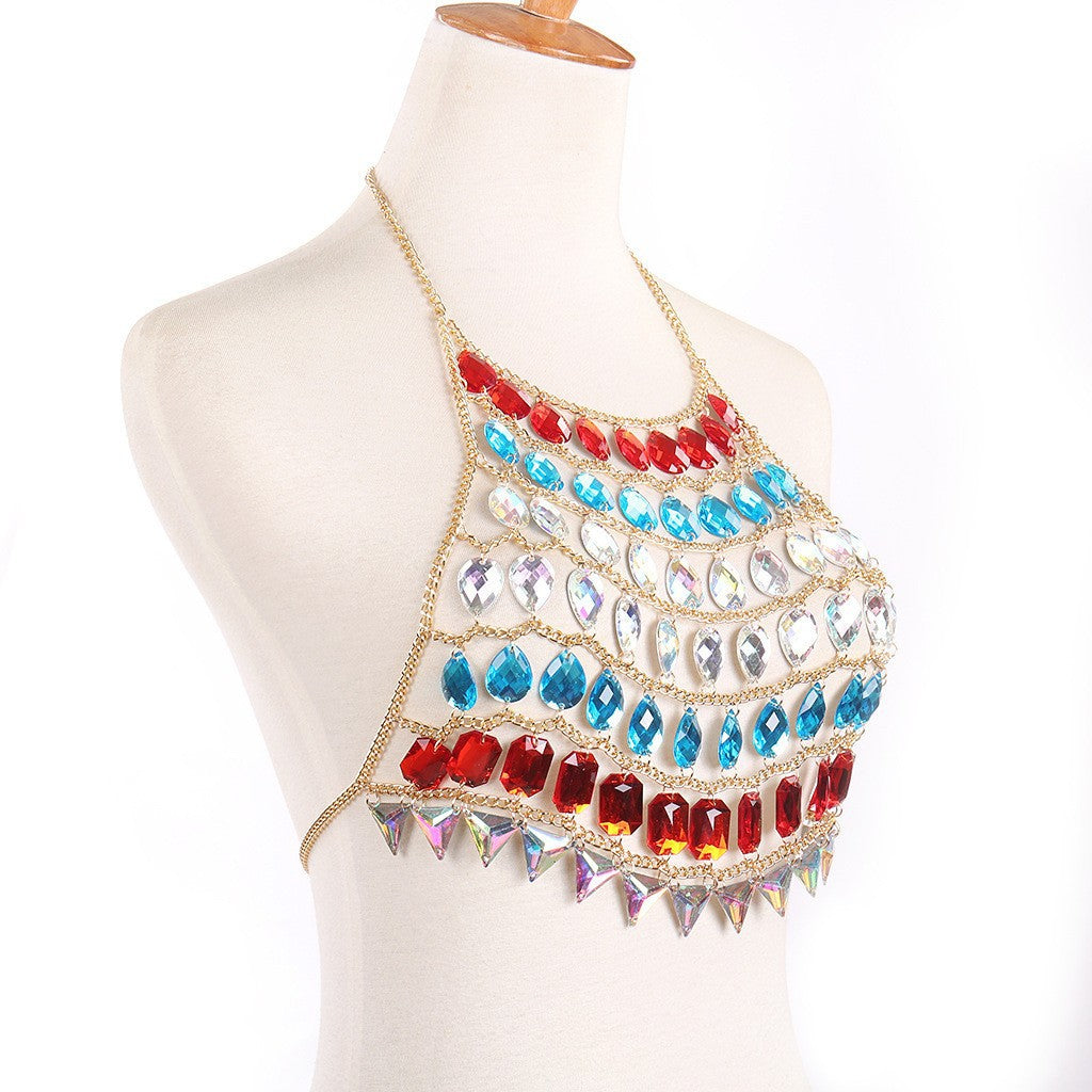 New European and American cross-border fashion jewelry acrylic sexy beach color-blocked backless chest chain body chain