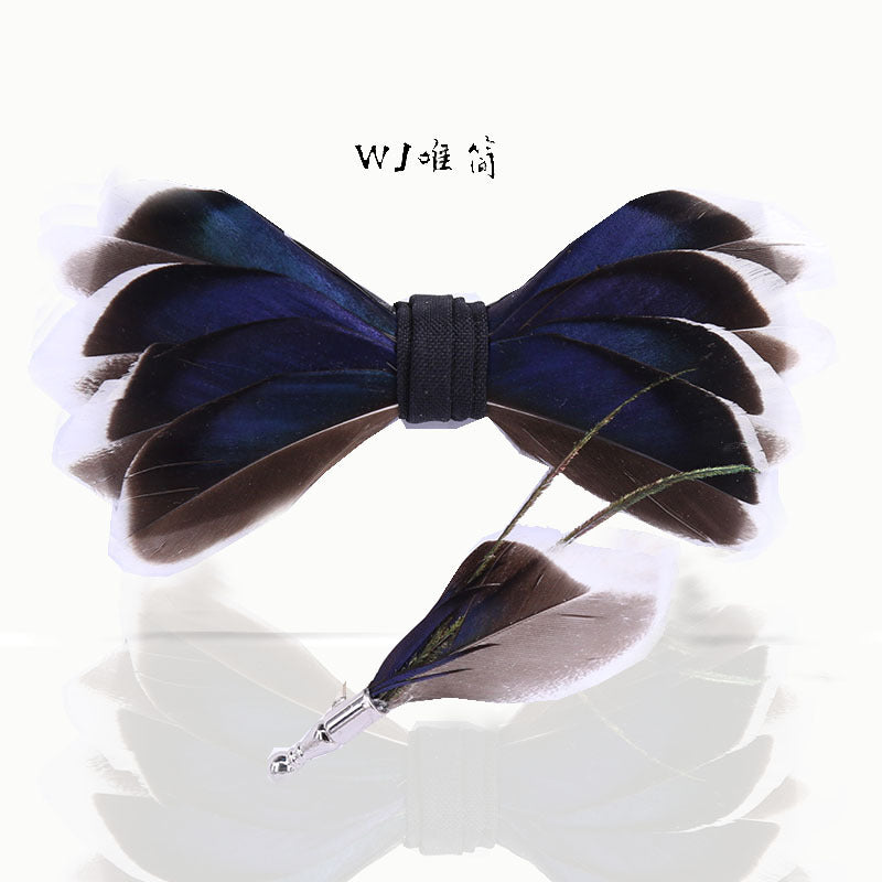 feather bow tie men's dark blue wedding fashion british korean version groomsmen bow brooch collar flower pin